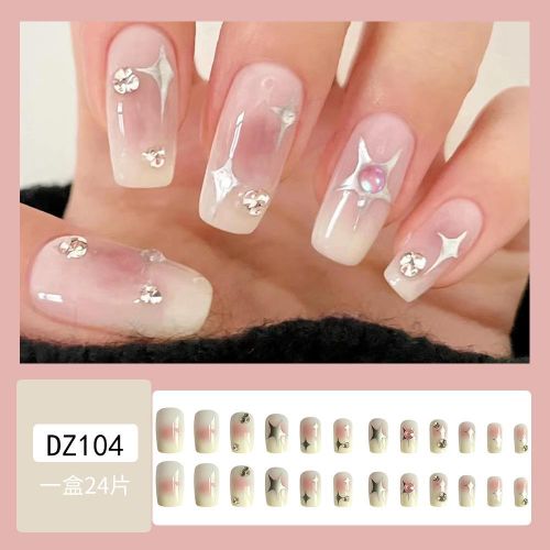 24PCS Press On Nails Pink Blush – Short Square with Silver Star & Rhinestone, Reusable False Nails Kit with Glue | Dreamy Gradient Design