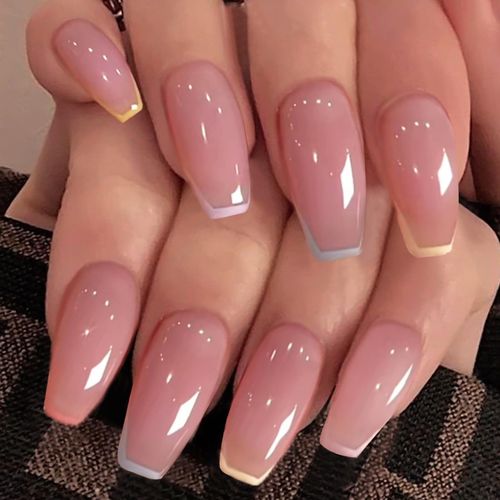 24PCS Rainbow French Tip Press-On Nails – Nude Pink Base with Colorful Edge, Easy Apply, Reusable Manicure Set for Women