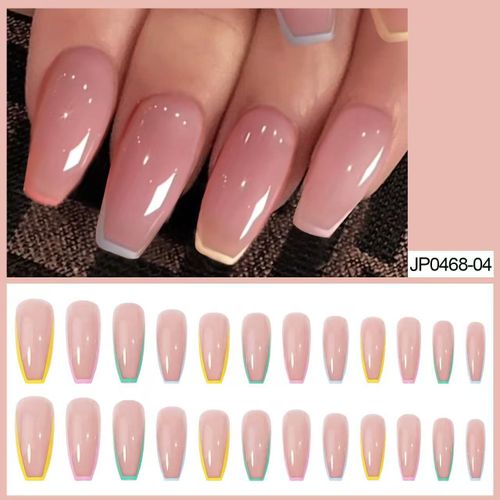 24PCS Rainbow French Tip Press-On Nails – Nude Pink Base with Colorful Edge, Easy Apply, Reusable Manicure Set for Women