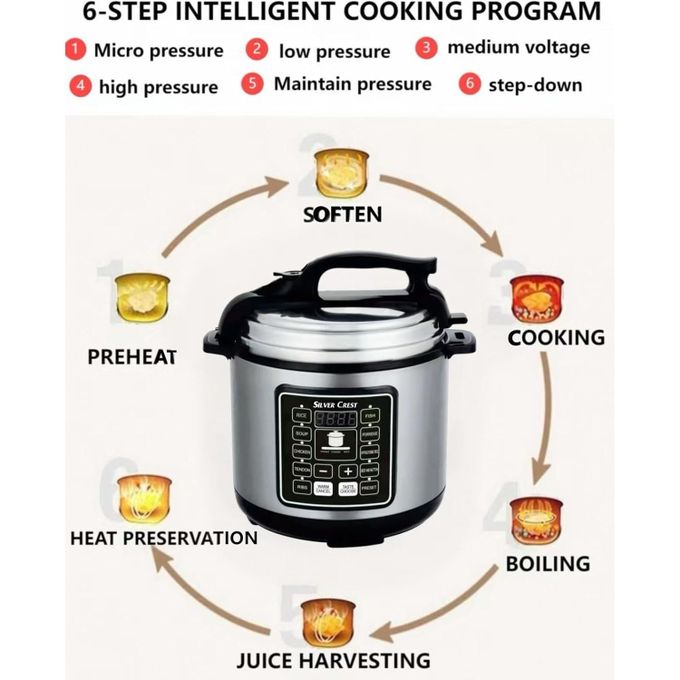 SILVER CREST 10 In 1 Electric Pressure Cooker With 24-Hour Reservation Function, Slow Cooker, Rice Cooker, Wok, Cake, Yogurt, Etc., 6 L, Stainless Steel/Black