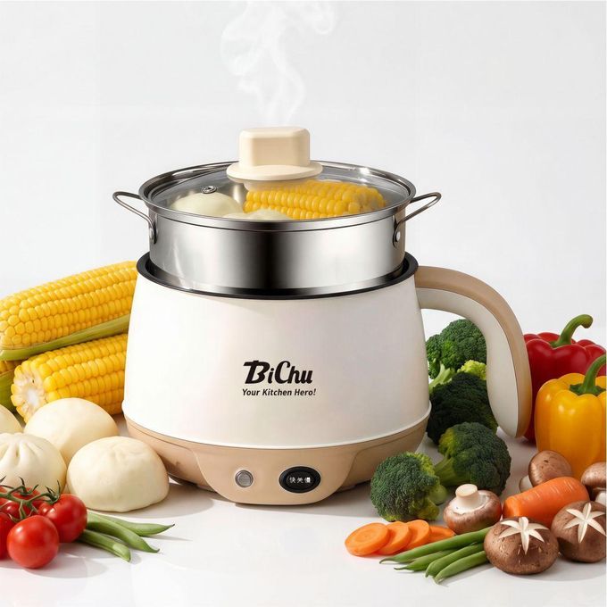 BiChu 2L Electric Pot Cooker with Stainless Steel Steamer, 2-in-1 Electric Hot Pot & Steamer for Home Dorm Use