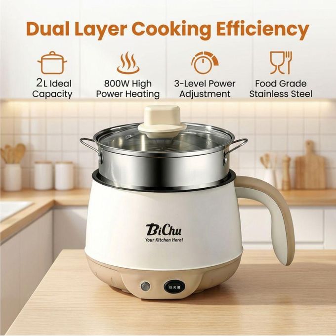 BiChu 2L Electric Pot Cooker with Stainless Steel Steamer, 2-in-1 Electric Hot Pot & Steamer for Home Dorm Use
