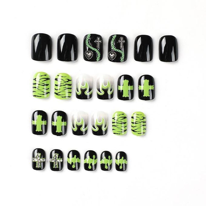 24 Pieces Of Black And Green Flame Nail Art Pieces, Long Nail Art Pieces, Press On Nails