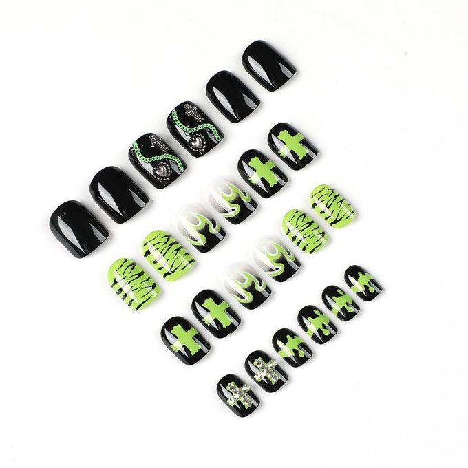 24 Pieces Of Black And Green Flame Nail Art Pieces, Long Nail Art Pieces, Press On Nails
