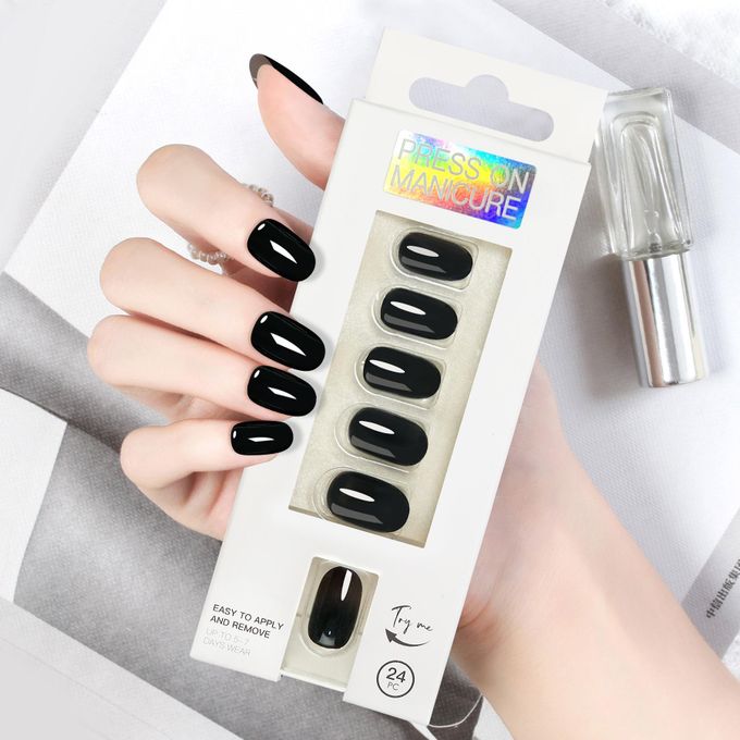 24Psc Reusable Press On Nails Short Round Wearning Nails in Black with Washable Adhesive Tabs Model E25 for DIY Manicure