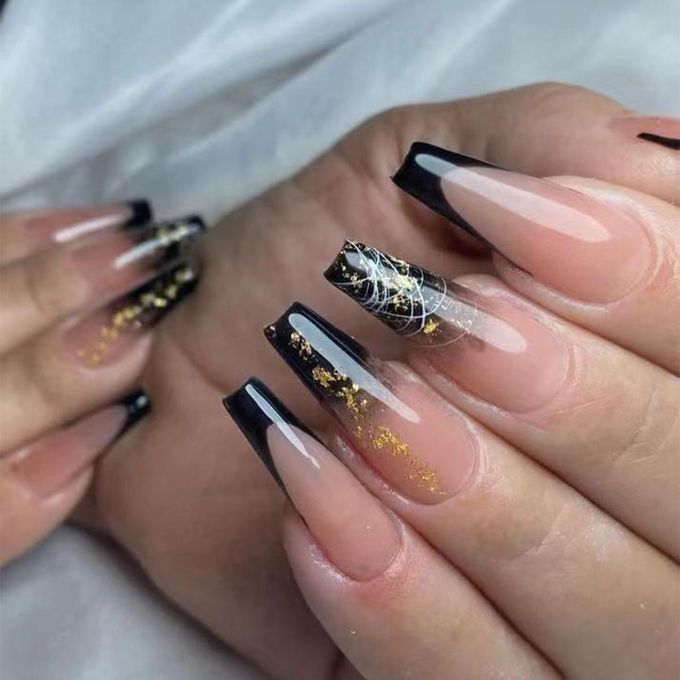 Avsty Long Press on Nails Coffin French White False Nails with Gold Glitter Design Gel Glue on Nails