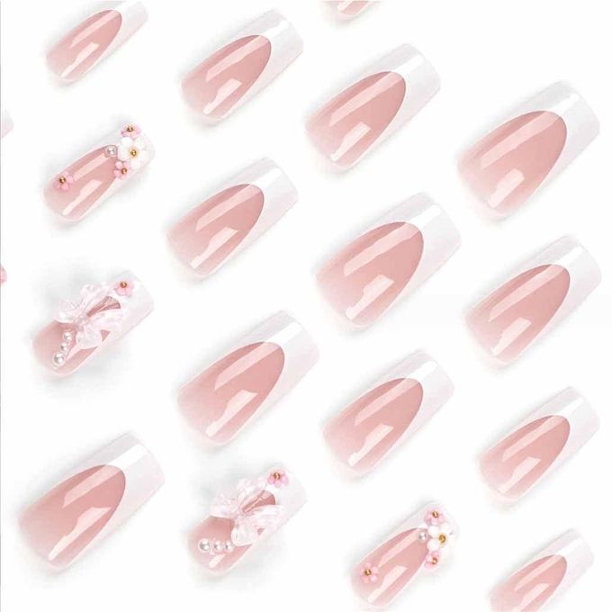 Press on Nails Medium Long Rhinestone Pink False Nails Square Bling Glossy 3D False Nail Tips
