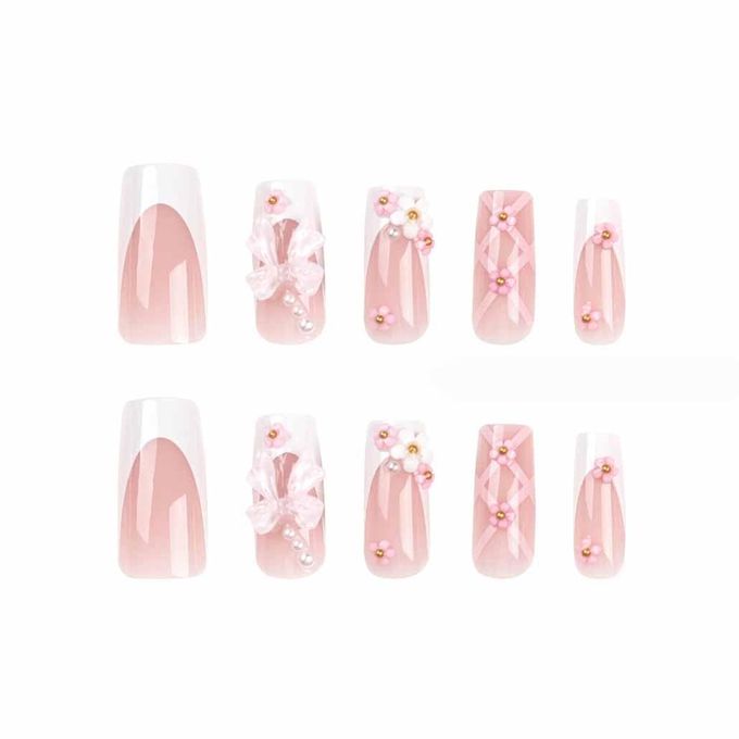 Press on Nails Medium Long Rhinestone Pink False Nails Square Bling Glossy 3D False Nail Tips