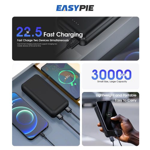 EASYPIE 30000mAh Power Bank – 2 USB Fast Charger, Ultra Slim Portable Battery Pack for iPhone Samsung iPad, Outdoor Travel Emergency Backup