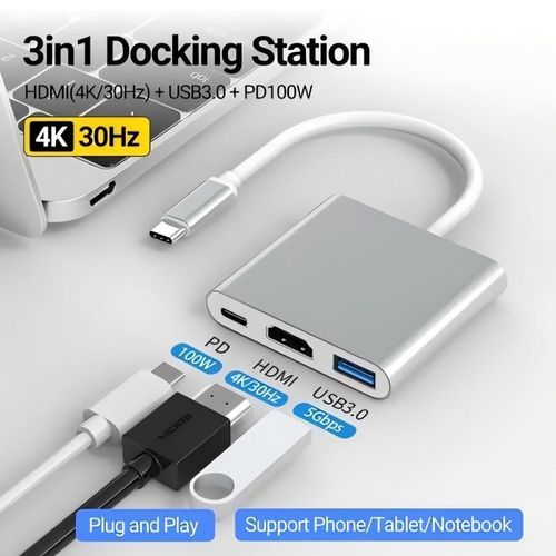 Type-C to HDMI 3-in-1 Expansion Dock – 4K Adapter with USB 3.0 & 100W PD Fast Charging for Laptops, Huawei P40/Mate30, Samsung