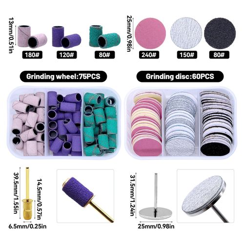 137pcs drill bit for nails, nails equipment accessories Sided Nail File Emery Board for Shaping & Buffing Nails, (100/180 Grit, 75 sanding caps, 60 pedicure sanding discs)